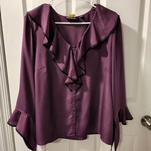 Twist brand Plum Blouse button down with ruffle black trim gothic Large